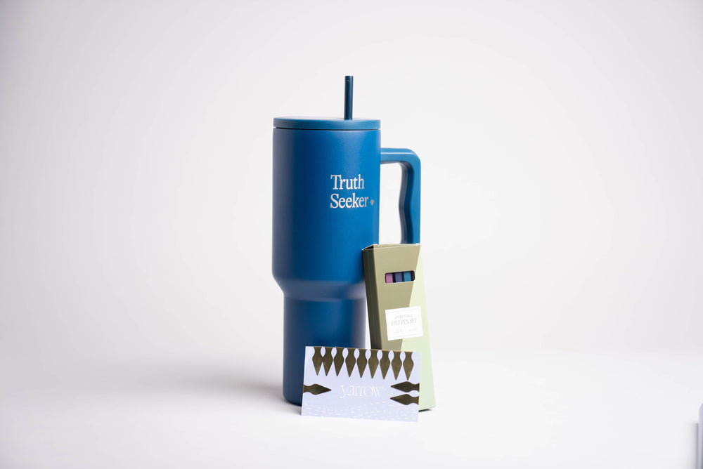 The Truth-seeker Tumbler, Black-ink Pen Set, and Yarrow Book Darts included in the Faithful Living Book and Gift Set